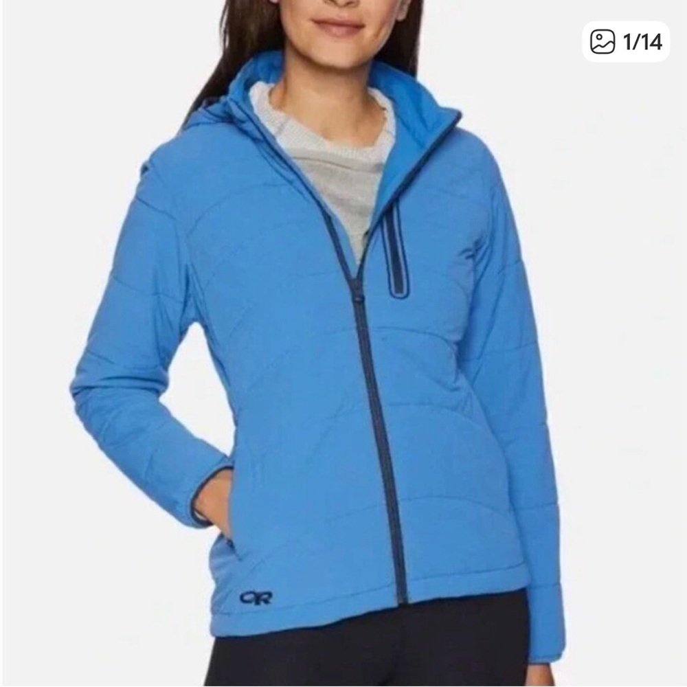 Outdoor Research Women's Bright Blue Hooded Puffer Jacket xs